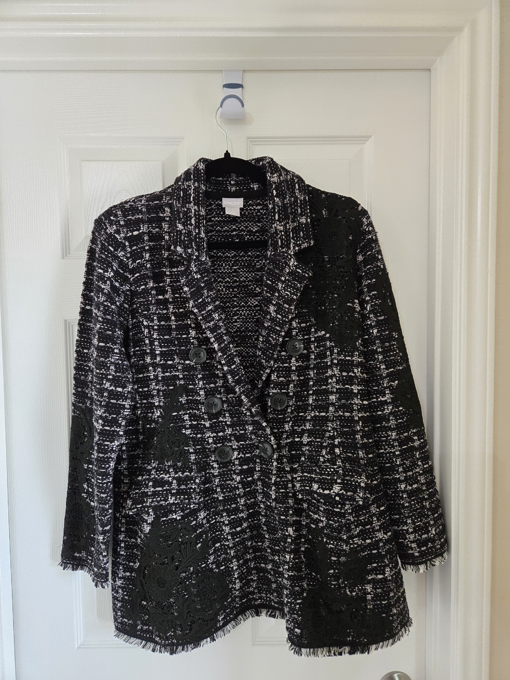 Chico's Black & White Tweed Double-Breasted Blazer